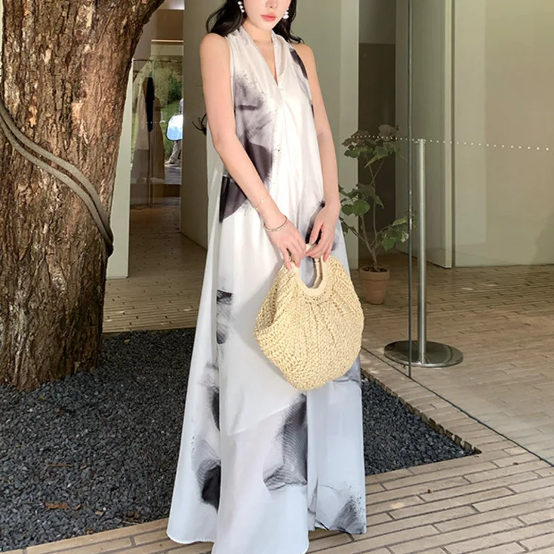 HKSH 夏の新しい女性の休暇スタイルハイストリートカジュアルエレガントな気質トレンディなホルターネックタイダイストラップロングドレス HK6361