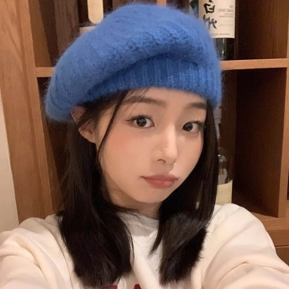 

Casual Wool Mohair Beret Warm Big Head Circumference Knitted Beanie Cap Korean Style Versatile Painter Hat Female