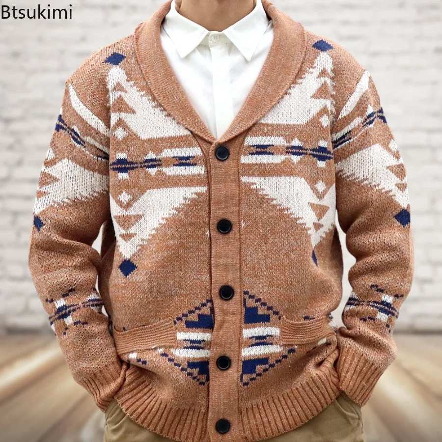 

2024 Men's Knitted Sweater Jacket Vintage Jacquard Long Sleeve Turn-Down Collar Sweatercoat Casual Knitwear Cardigan Jacket Men