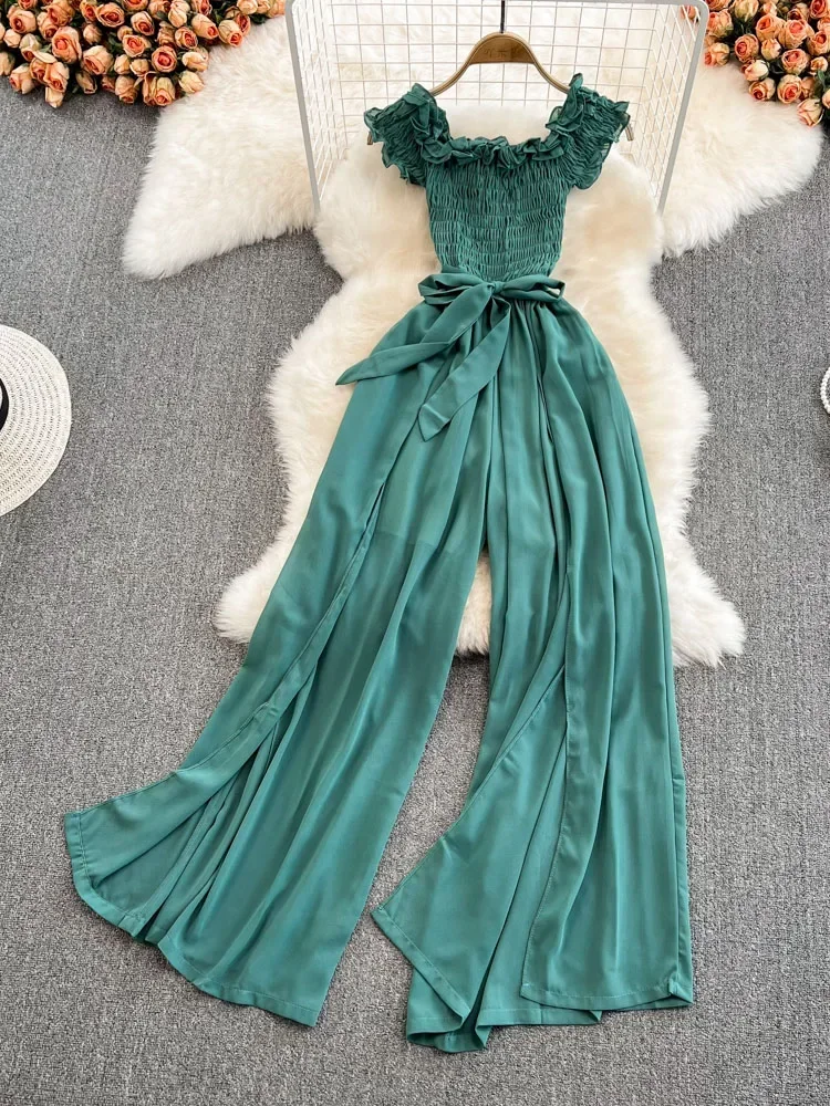 New Summer Style Fashion Temperament Slash NeckJumpsuit Tight Waist Tie Show Thin Slit Wide Leg Jumpsuit Women D0712