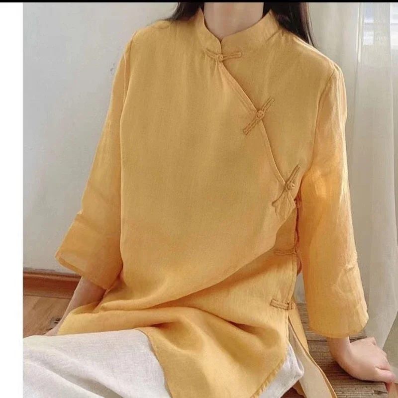 Mid Length Cotton Linen Chinese Traditional Women's  Top Ladies Retro Art Shirt Loose  Solid Color Hanfu Cheongsam Qipao