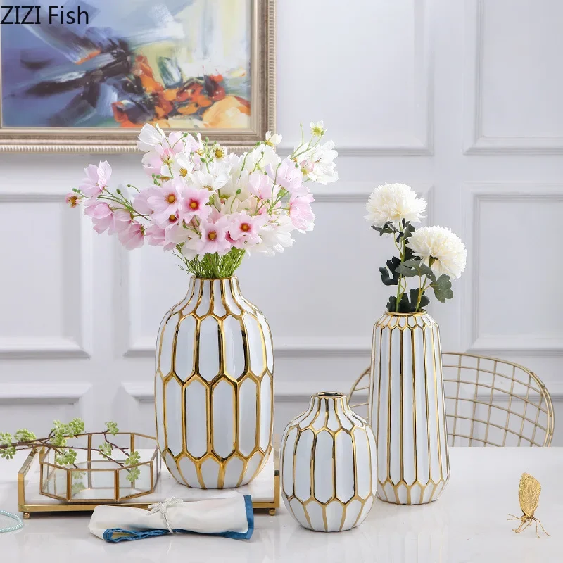 

European Electroplated Ceramic Vase White Gilt Stripes Living Room Office Decoration Crafts Flower Vase Modern Home Furnishings