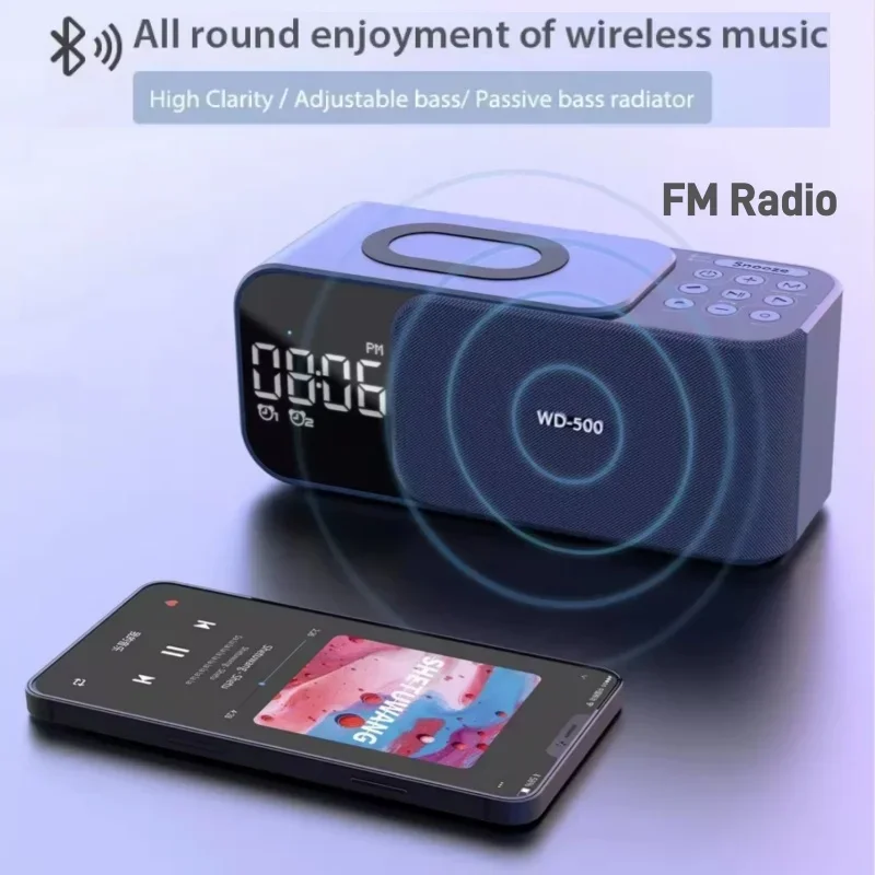 Carillon ad alto volume con radio FM Orologio Aralm Luce a LED Ricarica wireless Caixa De Som Altoparlante Bluetooth Colonna sonora portatile