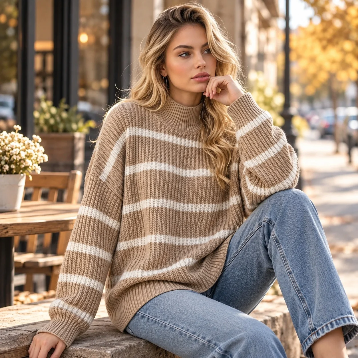 Casual Striped Sweater Loose Fit with Long Sleeve Regular Length Heat Set Finish Standard Length Mock Neck Women Sweater