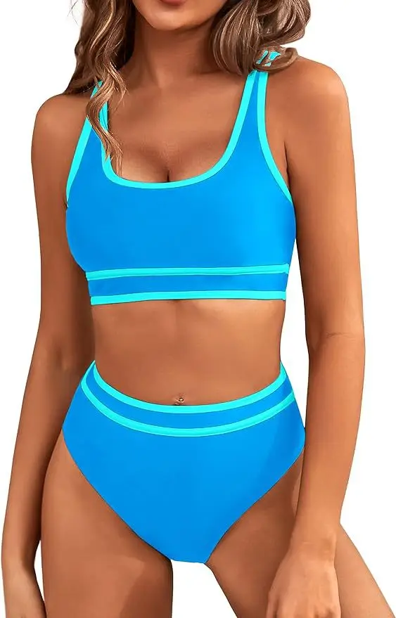 Women's Solid Color High Waist Bikini Set Contrast Trim Scoop Neck Sports Style Swimwear Stylish Casual Beach & Pool Outfit