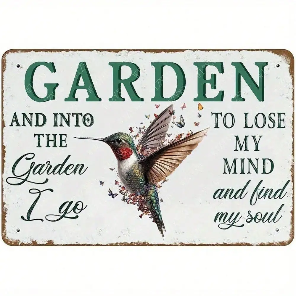 Panneau mural vintage en aluminium 8x12 pouces, motif colibri et poème de jardin, art métallique antirouille