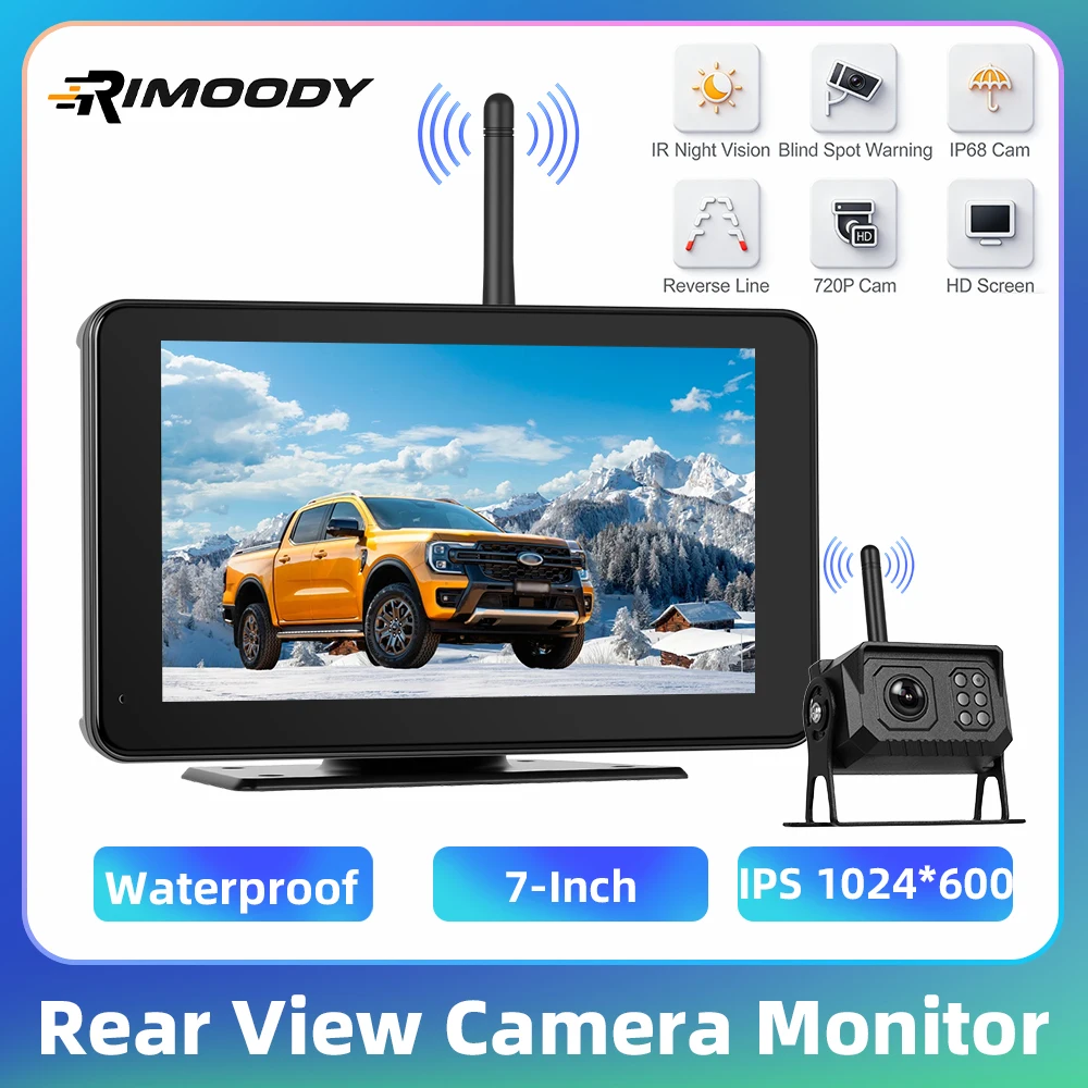 Rimoody 7'' IPS-Bildschirm, Automonitor, Rückfahrkamera, BSD-Erkennung, IP68, wasserdicht, 120 °   Backup-Monitor zur Aufnahme von Weitwinkelschleusen