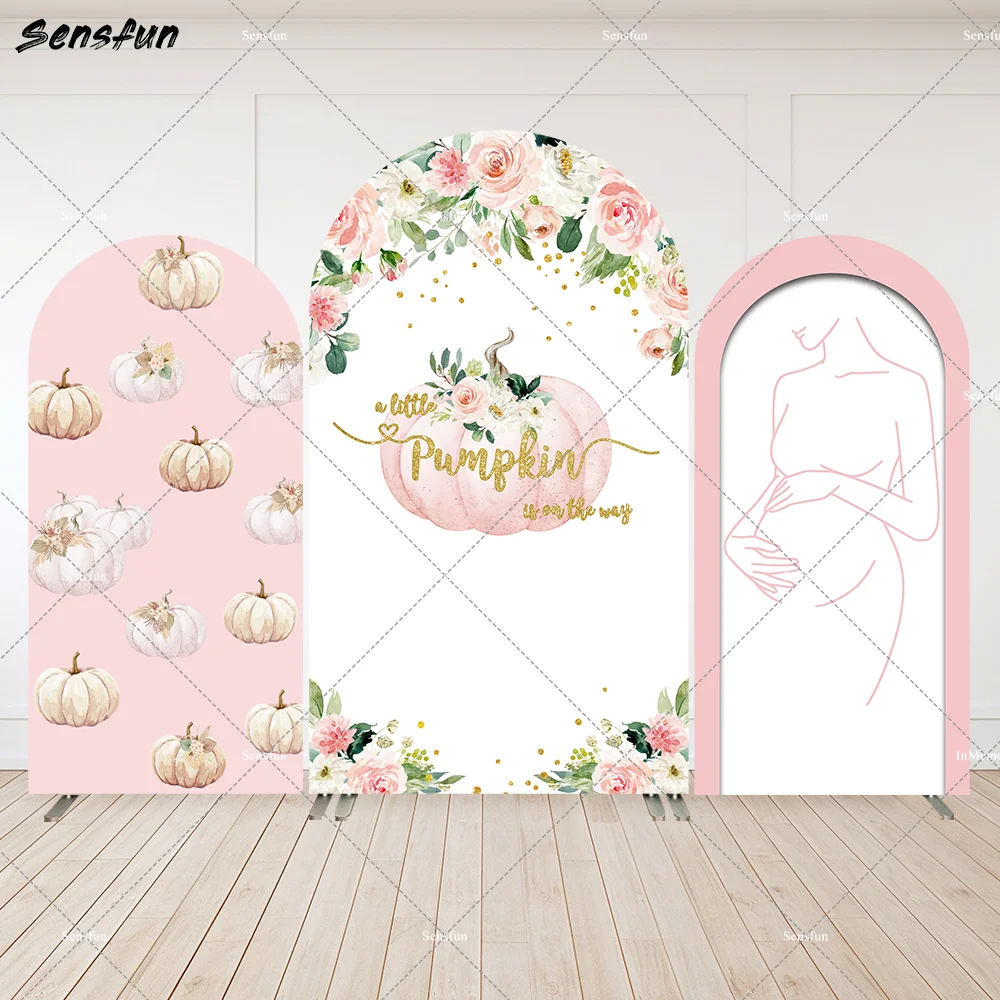 

Pregnant Woman Silhouette Arch Wall Backdrop Pink Flower A Little Pumpkin is on the Way Baby Shower Party Arch Cover Background