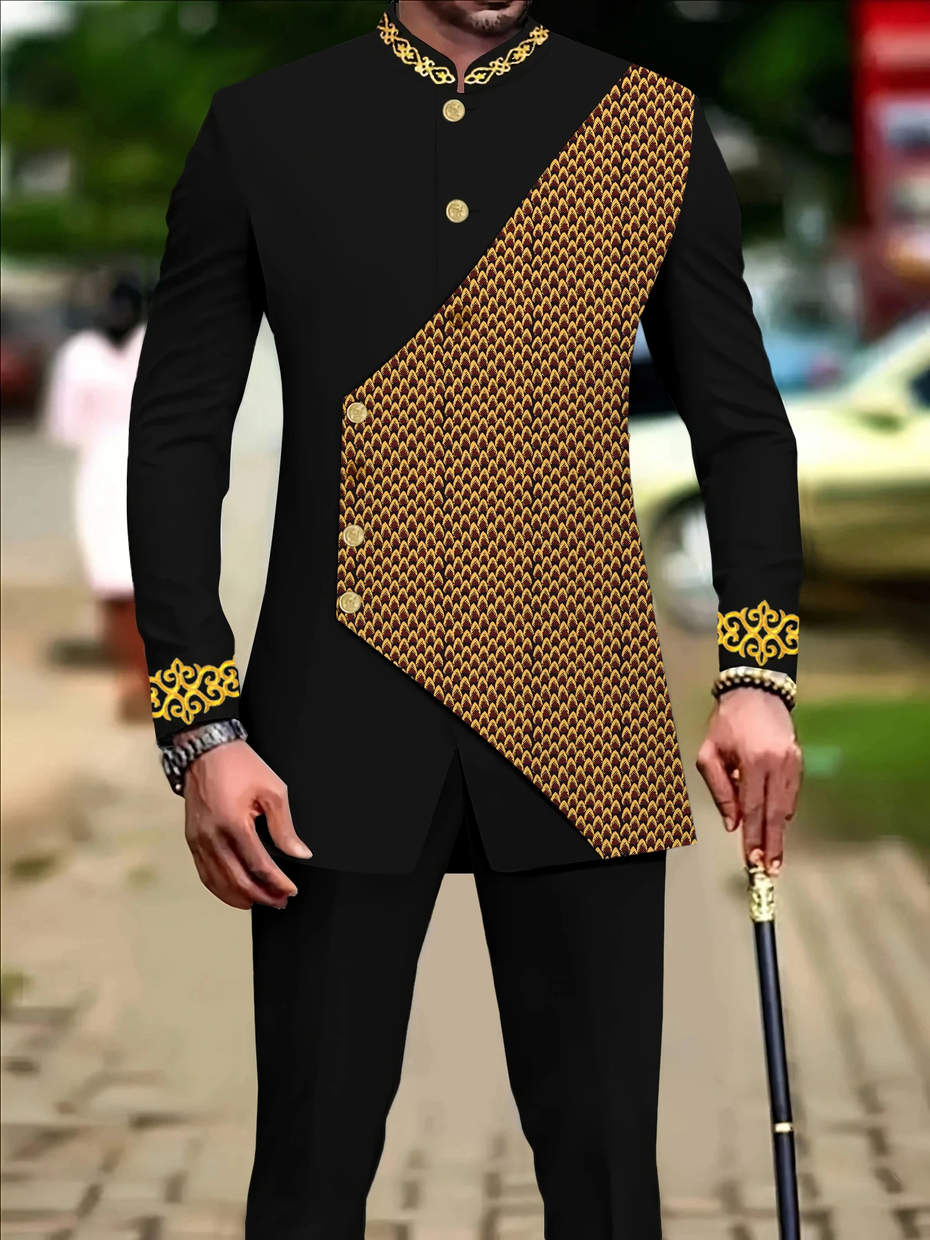 

Men's casual two-piece suit set with long sleeves, mid-length jacket and trousers.