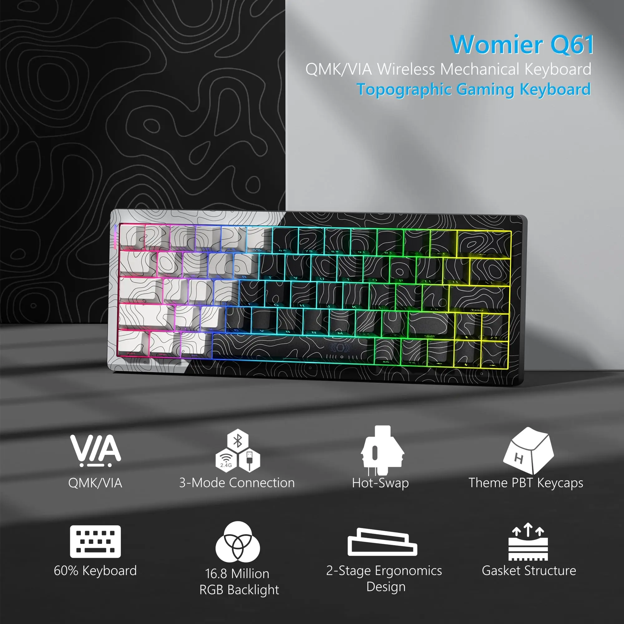 Womier Q61 60% Mechanical Keyboard with QMK/VIA Topographic Gasket 3 Modes Wireless RGB Custom Hot Swappable Keyboard