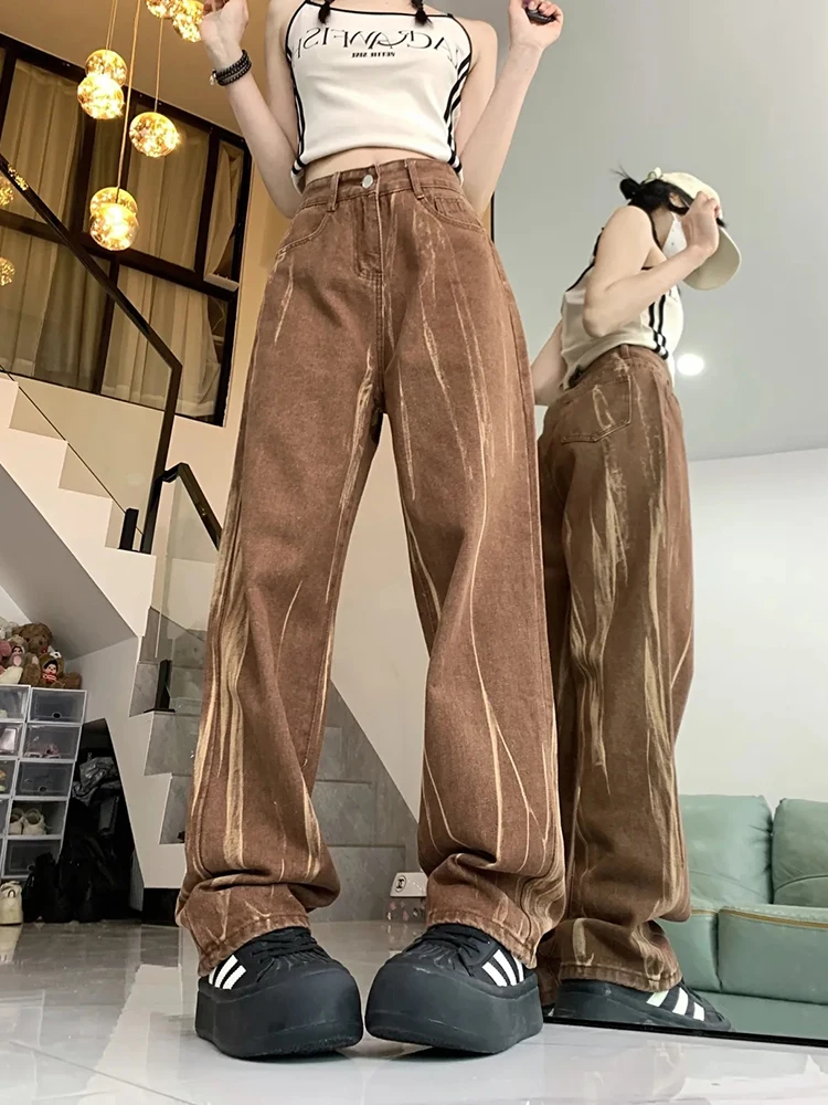 Zoki Tie Dye Retro Brown Jeans Women High Waist Streetwear Y2K Denim Pants American Loose Casual Lady Vintage Harajuku Trousers