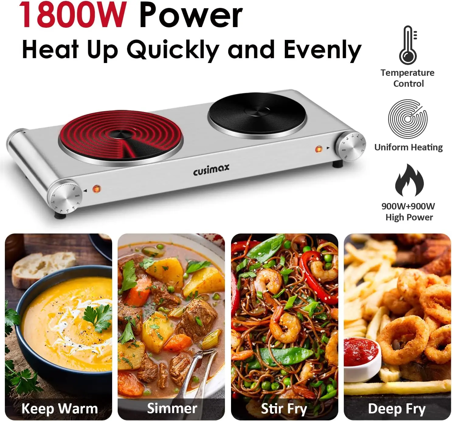 Electric Double Burner Hot Plate, 1800W Cast Iron Cooktop, Portable for All Cookware, Easy Clean