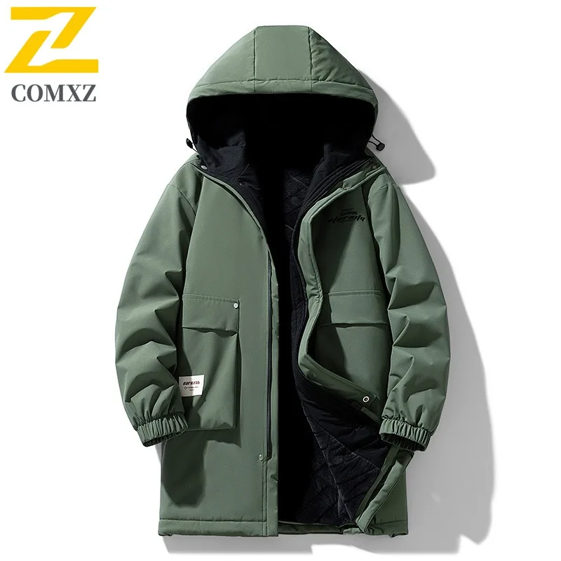 

Men Winter Jacket Fleece Lined Thickened Hiking Camping Windbreaker Unisex Hooded Trendy Outdoor Mountain Windproof Cotton Coat