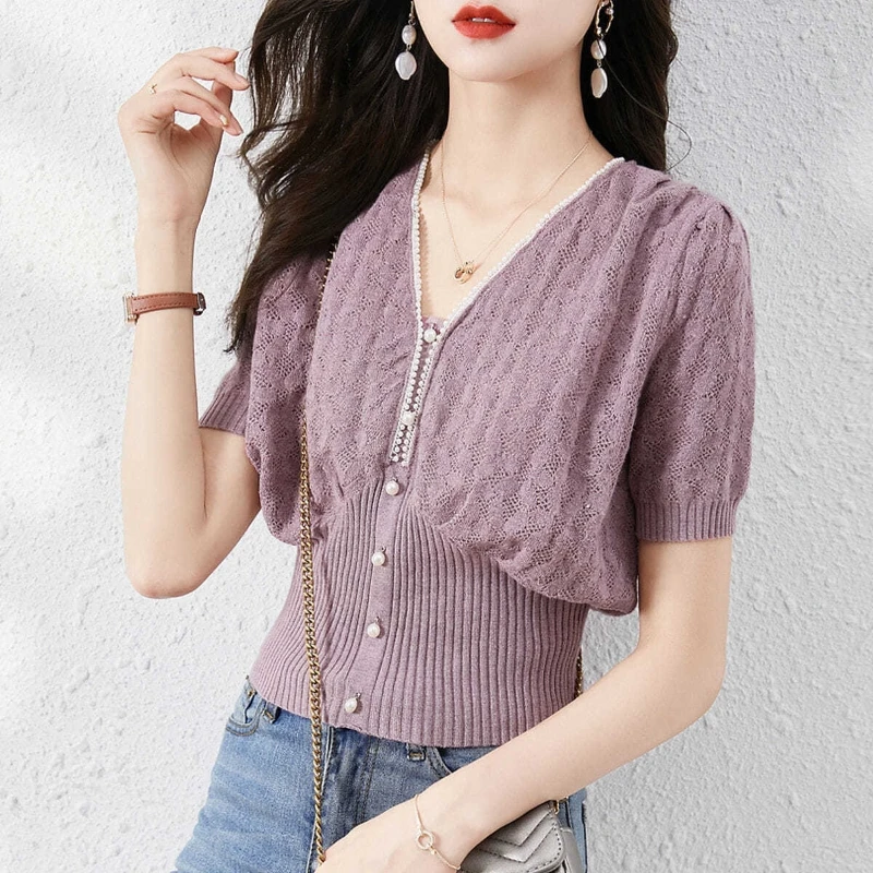 2024 New Summer Korean Fashion Elegance Minimalist Slim Fit Knitted Short Sleeved Solid V-neck Button Zipper Women\'s T-shirt Top