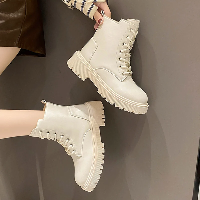 Chunky Heels Lace Up Combat Boots Women Winter Warm Short Plush Ankle Boots Woman Platform Non-Slip PU Leather Short Botas Mujer