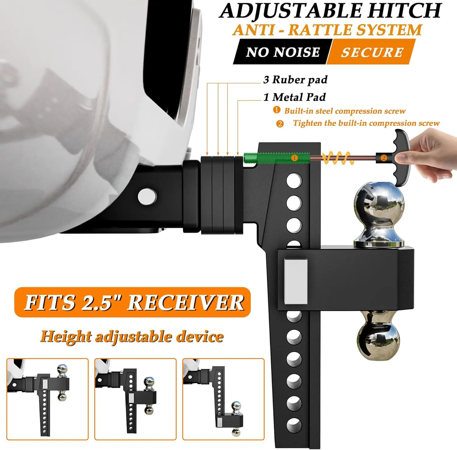 Engate receptor de 2,5 polegadas, bola dupla (2'', 2-5/16'', cabe em engate receptor de 2,5, engate suspenso de 10 polegadas, engate GTW de 18,500 LBS