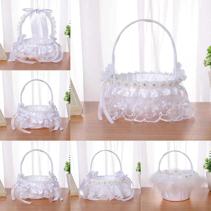 1Pc Elegant Wedding Supplies Flower Basket Simulation Petals Party Home Decor-Gift Woven Flower Basket Hand-Held Basket Wedding