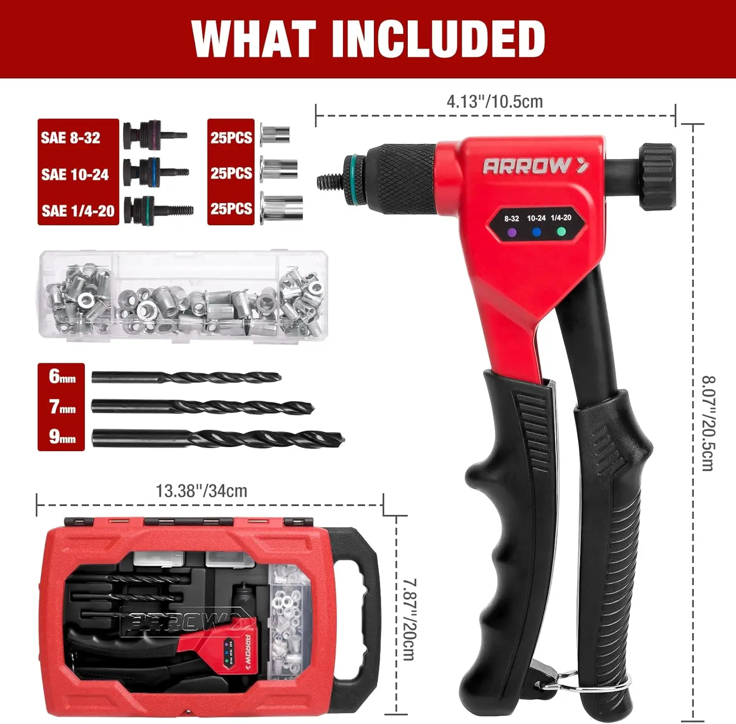 Ferramenta de porca de rebite, kit de arma de porca de rebite de 8 "projetado para espaço apertado, setter de porca de rebite com 3 mandris (8-32, 10-24, 1/4-20), 75 peças