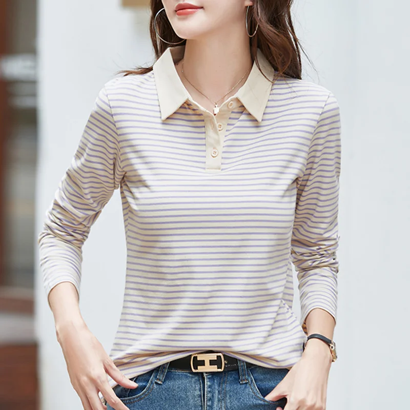 Korean Style Long Sleeve Polo Shirt Women Cotton Stretch Fashion Autumn Elegant Knitted Polo For Women Striped T-shirt