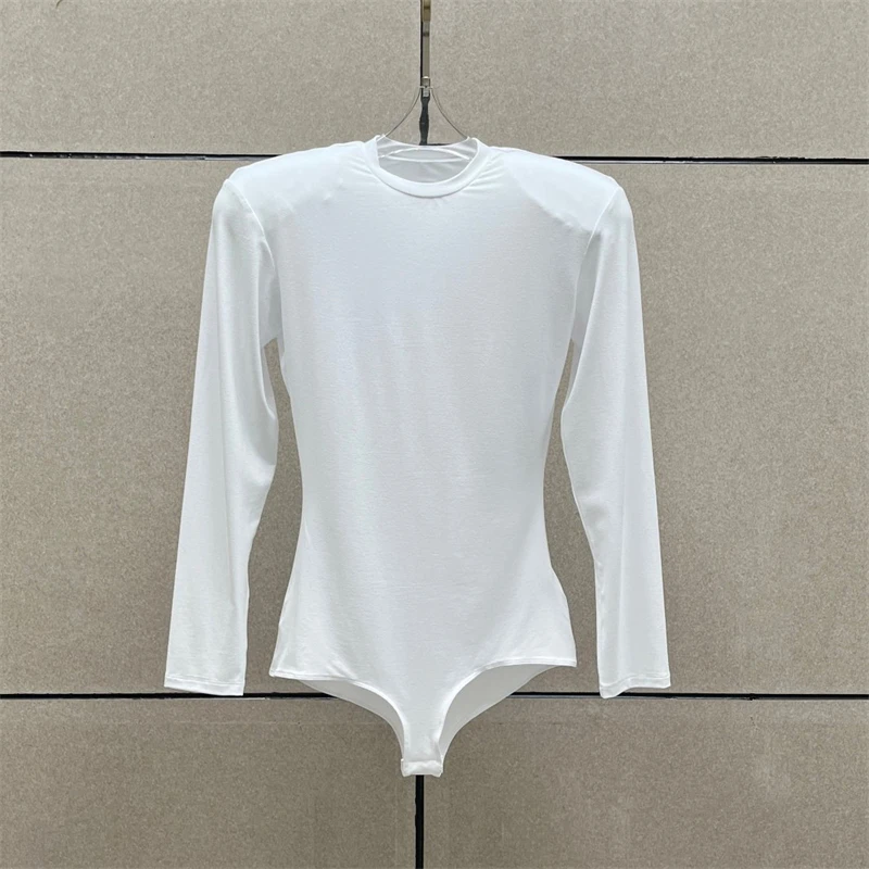Spring 2026 Women's round Neck Padded Shoulder Long Sleeve Knitted T-Shirt Y2K High Street Fashion One-Piece Top Quality T-Shirt