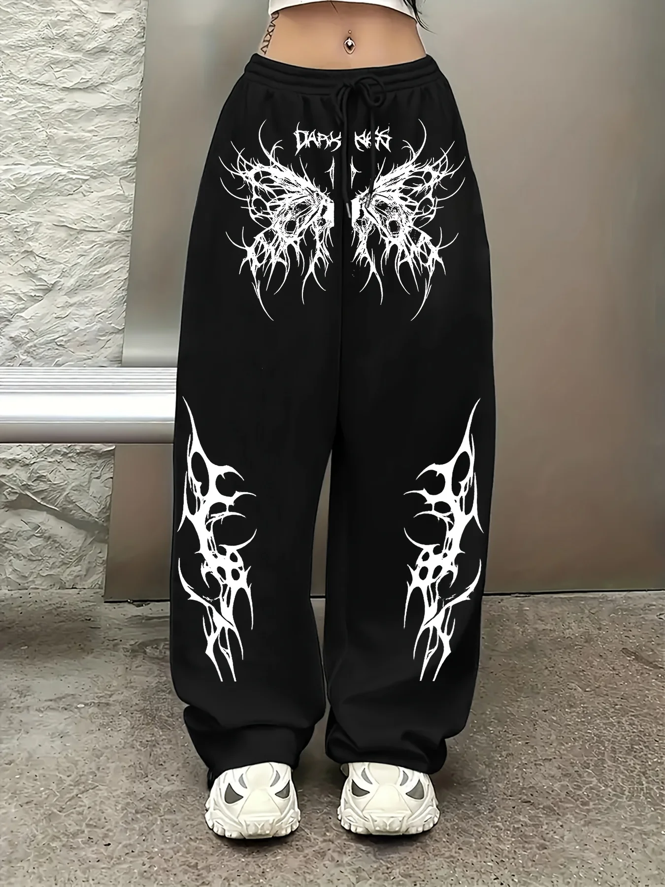 

Leisure Sport Pants, with Thorn-like Butterfly Pattern Printed Elastic Waist Drawstring Wide-leg Straight Pants