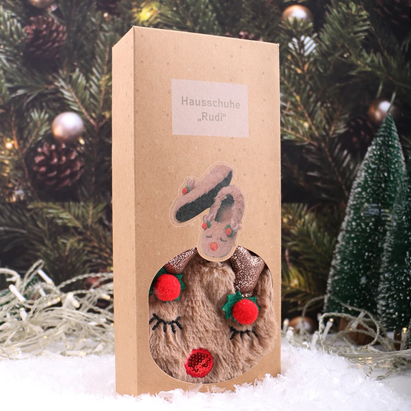 Christmas Reindeer Plush Slippers Cute Rudolph Design Fuzzy Warm Indoor Shoes Gift Box Festive Holiday Home Footwear Xmas Gift