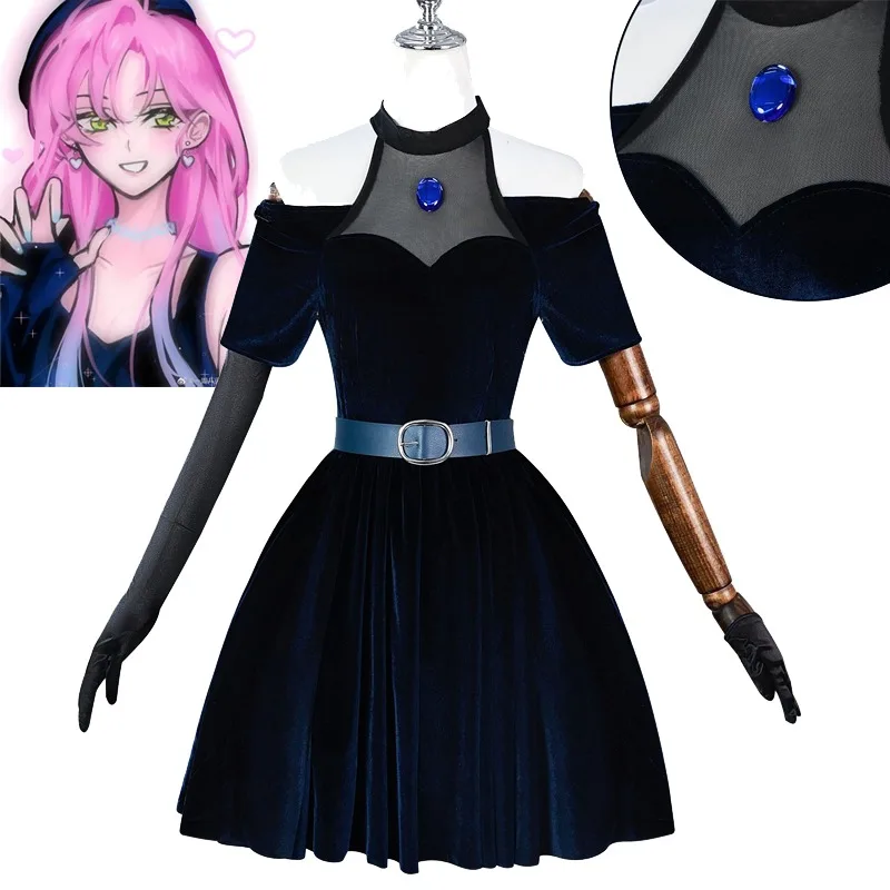 애니메이션 에일리언스 스테이지 미지 코스프레 의상 다크 블루 드레스 핑크 블루 장갑 스타킹 벨트 세트 크리스마스용 유니폼