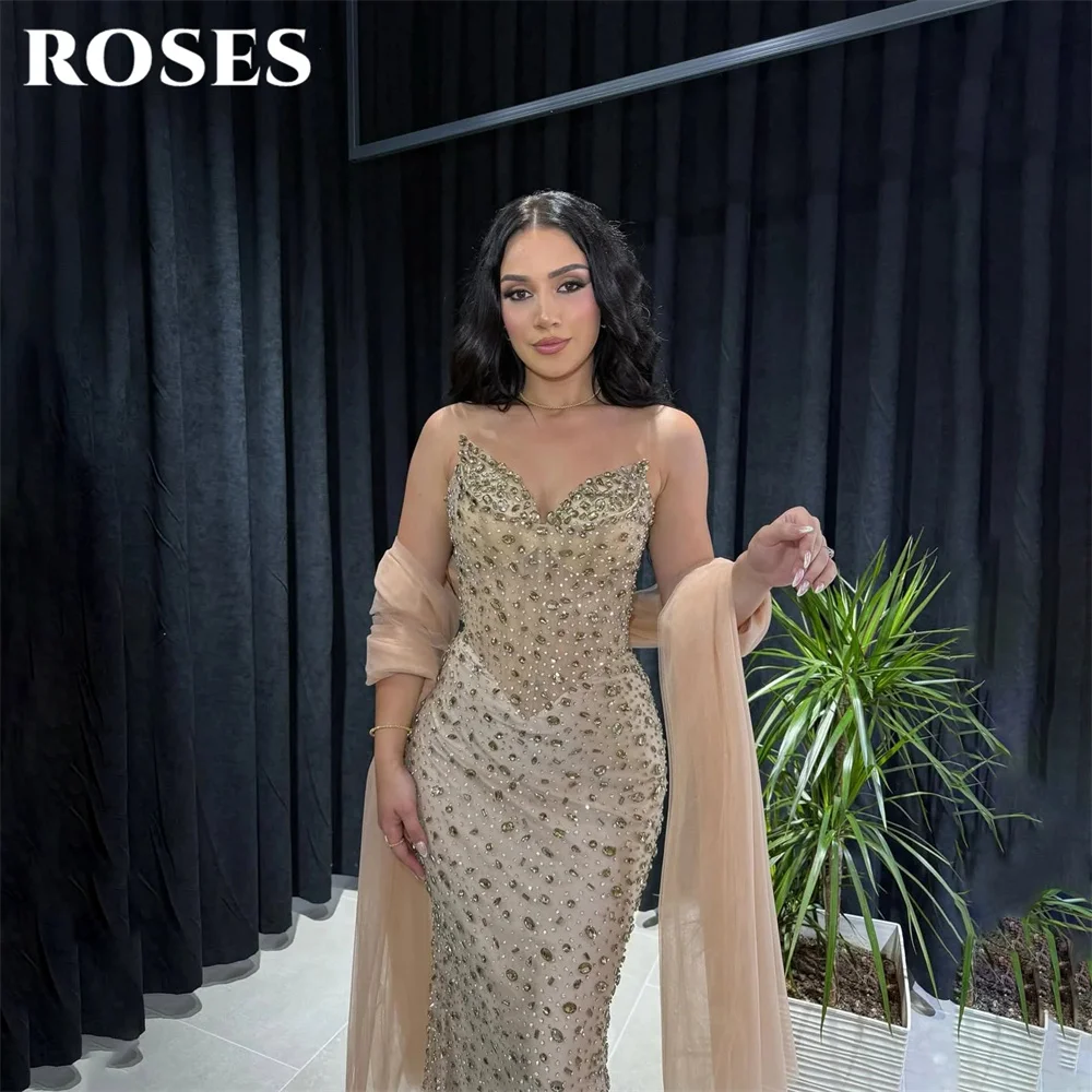 

ROSES Champagne Gorgeous Prom Dresses with Rhinestones Mermaid Train Celebrity Dresses Sleeveless Evening Dresses Customized