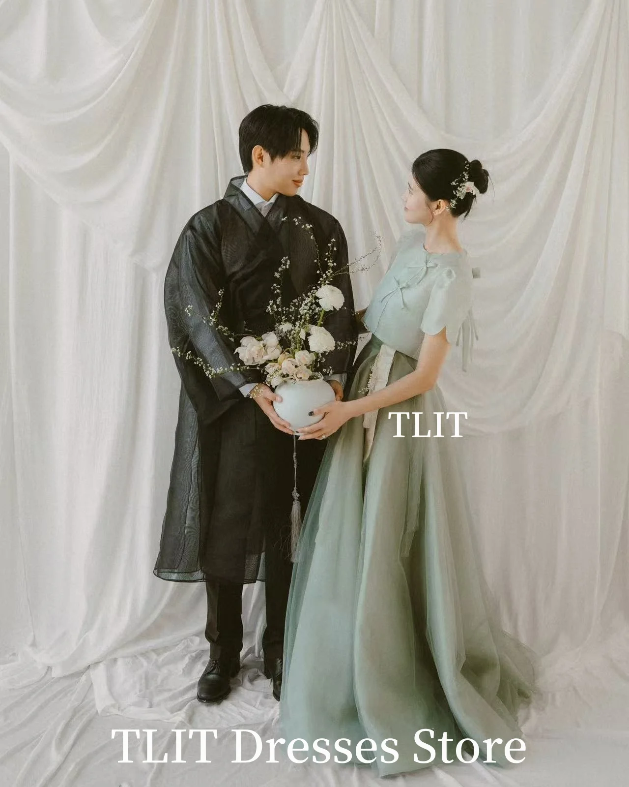 TLIT أنيقة حكيم الأخضر قطعتين مجموعة فستان الحفلة الراقصة نفخة الأكمام الساتان جوهرة القوس قميص مخصص حفلة سهرة رسمية 신МТСДСМДСМКВКВ