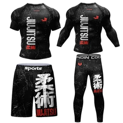 New Jiu Jitsu Rashguard MMA t-shirt + pantaloni per uomo 4 pz/set brasiliano Grappling Bjj boxe Rash Guard abbigliamento sportivo pantaloncini da palestra