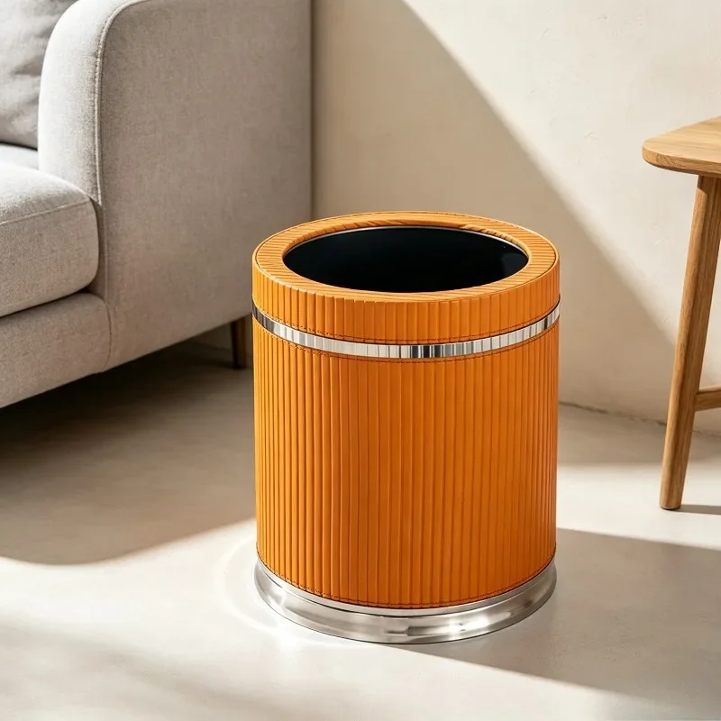Stainless Steel Leather Trash Can Modern Creative Aesthetic Double Trash Bin Luxury Large Capacity Garbage Cans Home Supplies