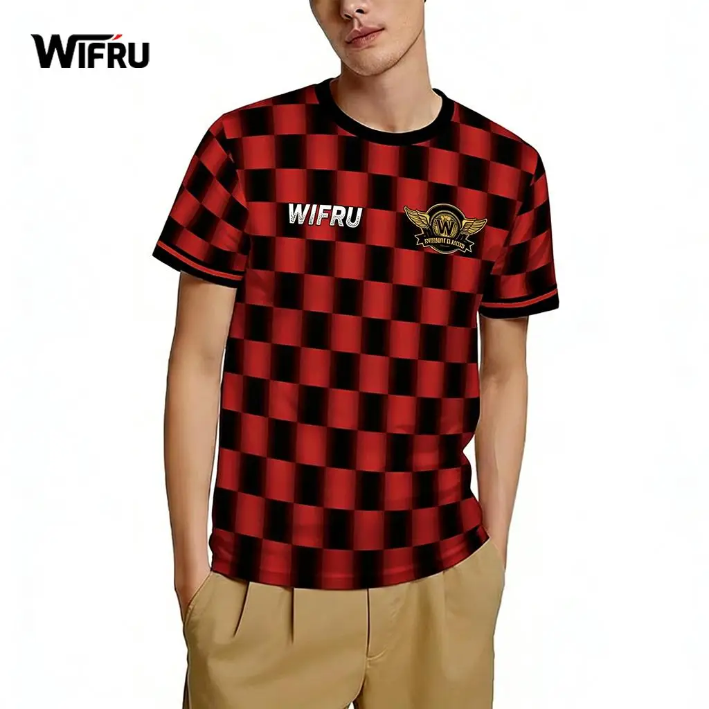 

Classic Retro Checkerboard Print T-shirt Racing Style Street Hip-hop Men's Short Sleeve Tops WIFRU Sporty Breathable Casual Tees