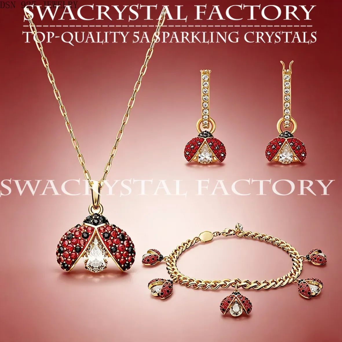 Red Black Zircon Ladybug Jewelry Set Women Crystal Insect Beetle Pendant Necklace Earrings Bracelet Fashion Party Jewelry Gift