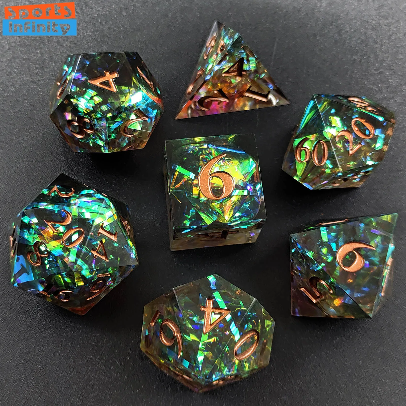 7Pcs Set Beautiful Black Gold Resin Dice for DND TPG TRPG Board Game COC Running Team Cthulhu Polyhedral Dice Number Dice Kit