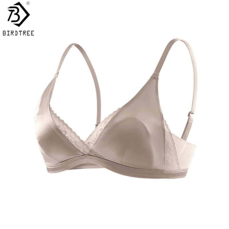 Birdtree, 20MM 93% Silk 7% Spandex Bra, Women Elastic Satin Underwear, Triangle Cup, Wireless Lace Brassiere, 2026 New A63216JF