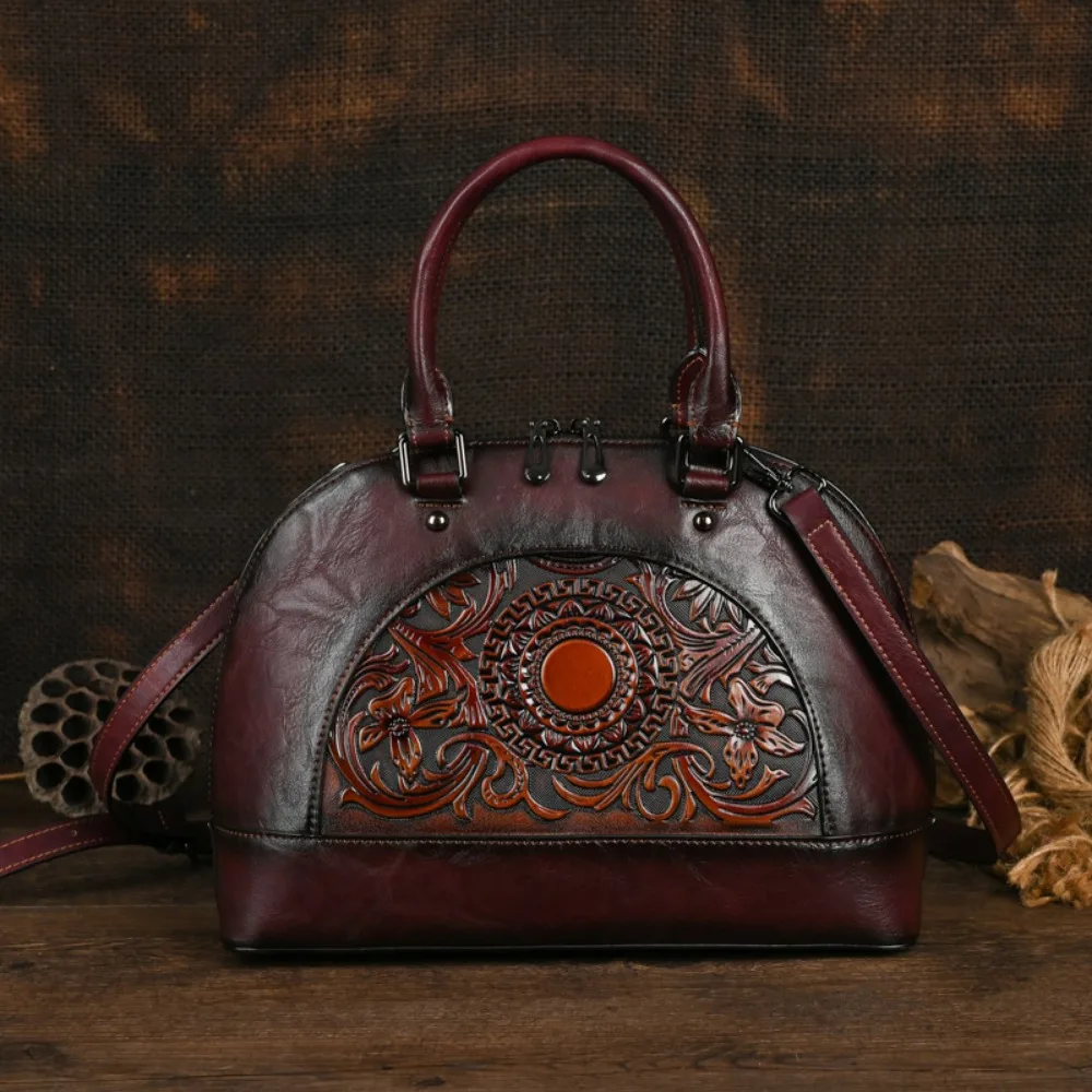 

2024 Womens Bag Vintage Embossed Chinese Style Shoulder Crossbody Bag Leather Splicing Literary Shell Handbags For Ladies Gift