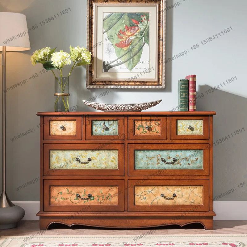 

American all-solid wood eight-bucket cabinet retro painted furniture porch side cabinet