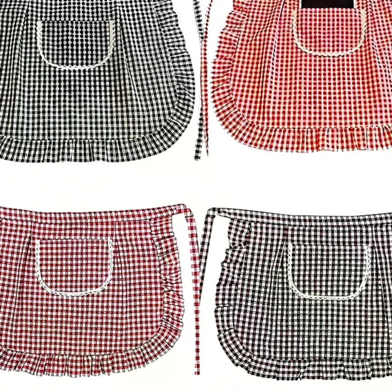 

Фартук в квадратную клетку, фартук с половиной талии, хлопковый материал, устойчивый к пятнам, дышащий, домашняя рабочая одежда для приготовления пищи, кухонные аксессуары