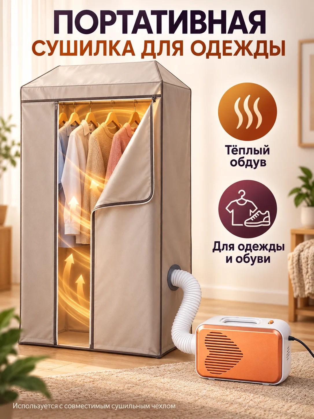 Portable Clothes and Shoe Dryer 600W 2 Wind Modes 60cm Flexible Hose