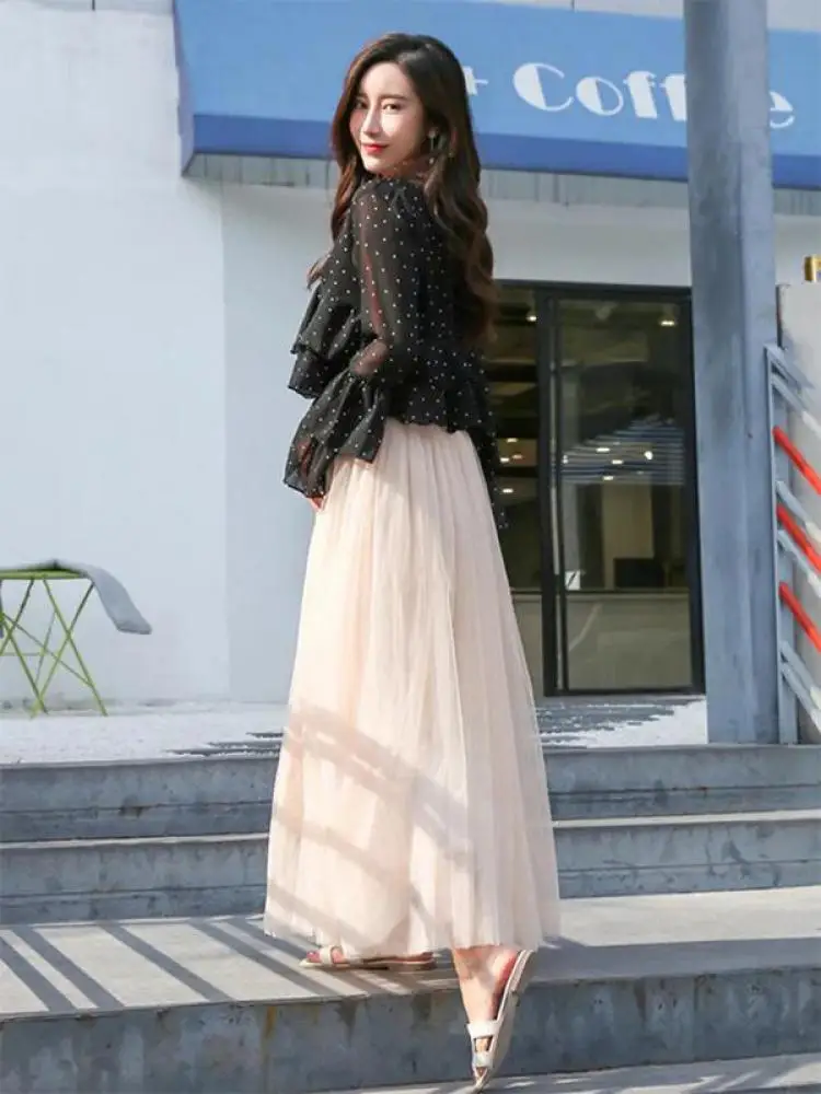Vintage Tulle Skirt Women Streetwear Elastic High Waist Mesh Pleated Skirts Summer Elegant Korean A Line Office Ladies Skirt New