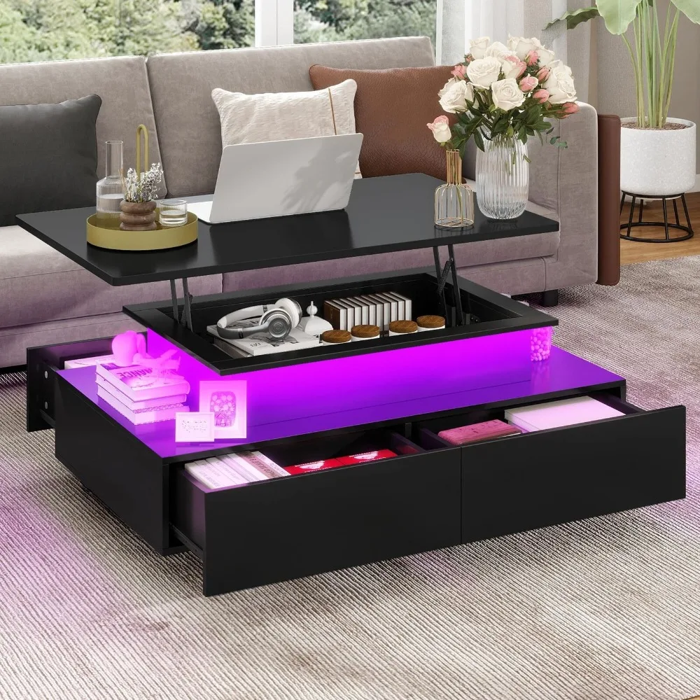 

High Gloss Lift-Top Coffee Table with LED Lights & 4 Drawers Cocktail Table