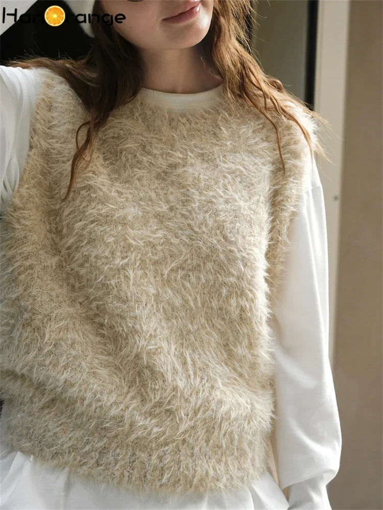 HanOrange 2024 Autumn Winter Fashion Imitation Mink O-neck Wool Sweater Vest Women Soft Fluffy Knitting Top Apricot/Gray