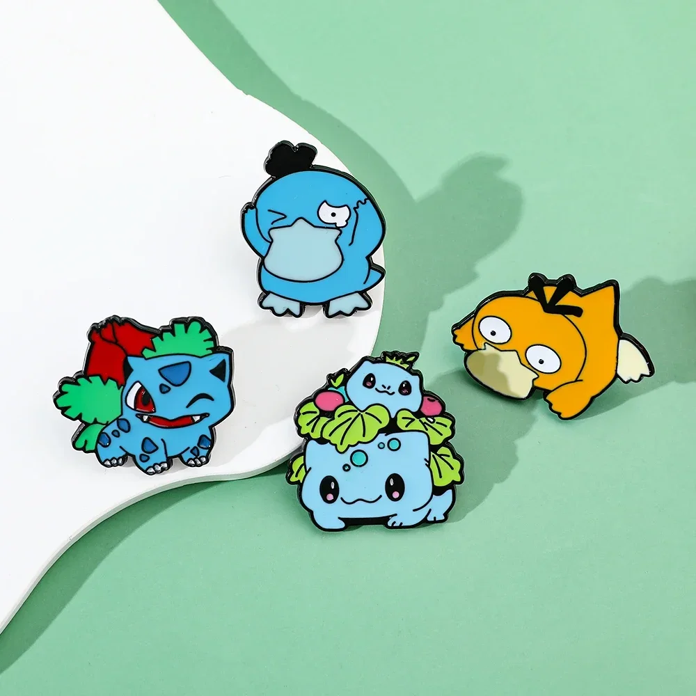 4 Pcs Cute Cartoon Brooch Set Personality Psyduck Bulbasaur Enamel Pin Backpacks Clothing Jewelry Metal Badges Accessories Gifts