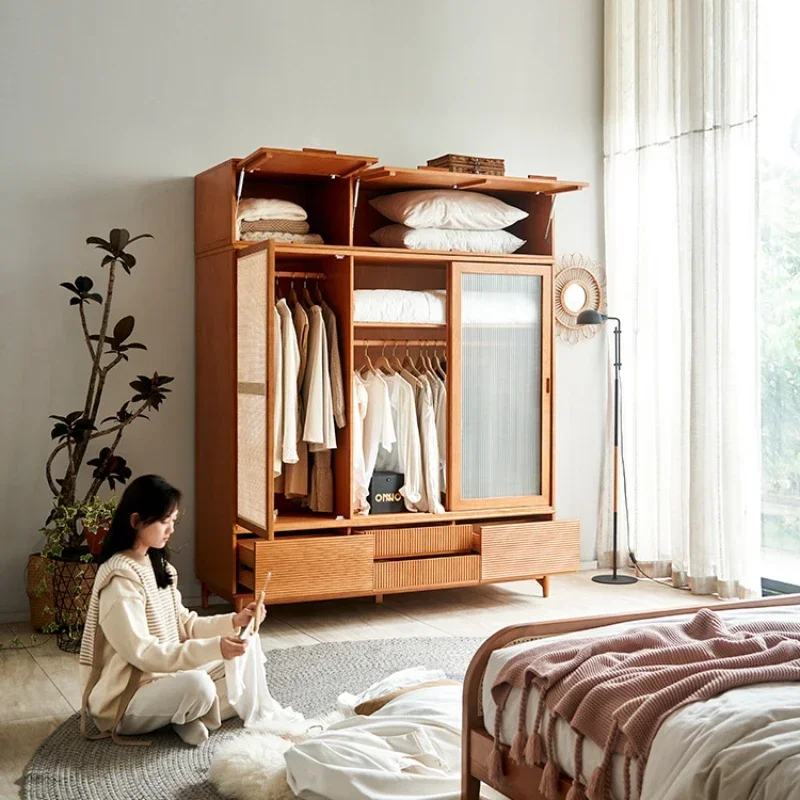 Solid wood wardrobe, bedroom household large-capacity locker, log glass wardrobe sliding three doors