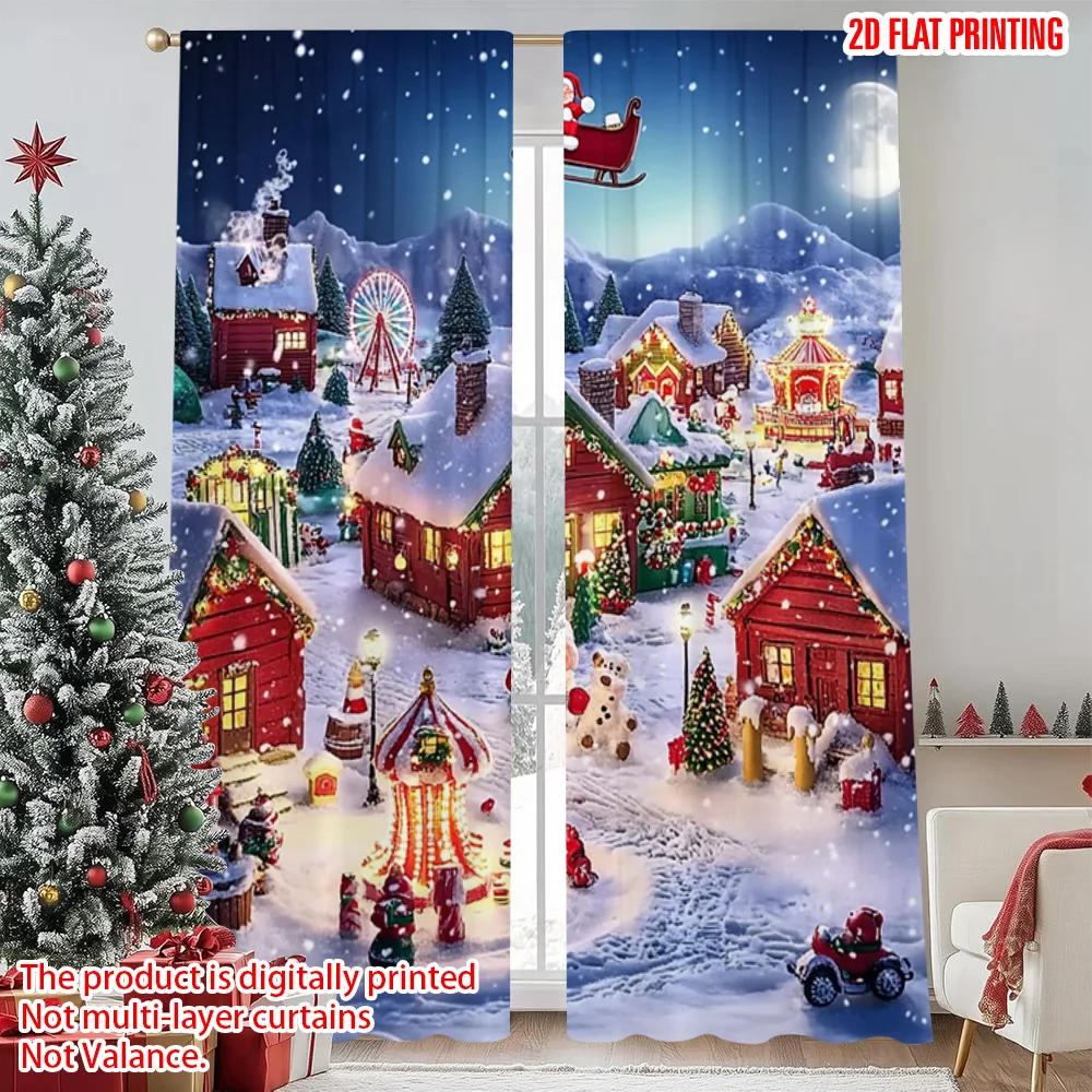 

2pcs 2D flat printing Merry Christmas Popular Curtain Winter Wonderland Gingerbread Village Versatile Fabric Without Electricity