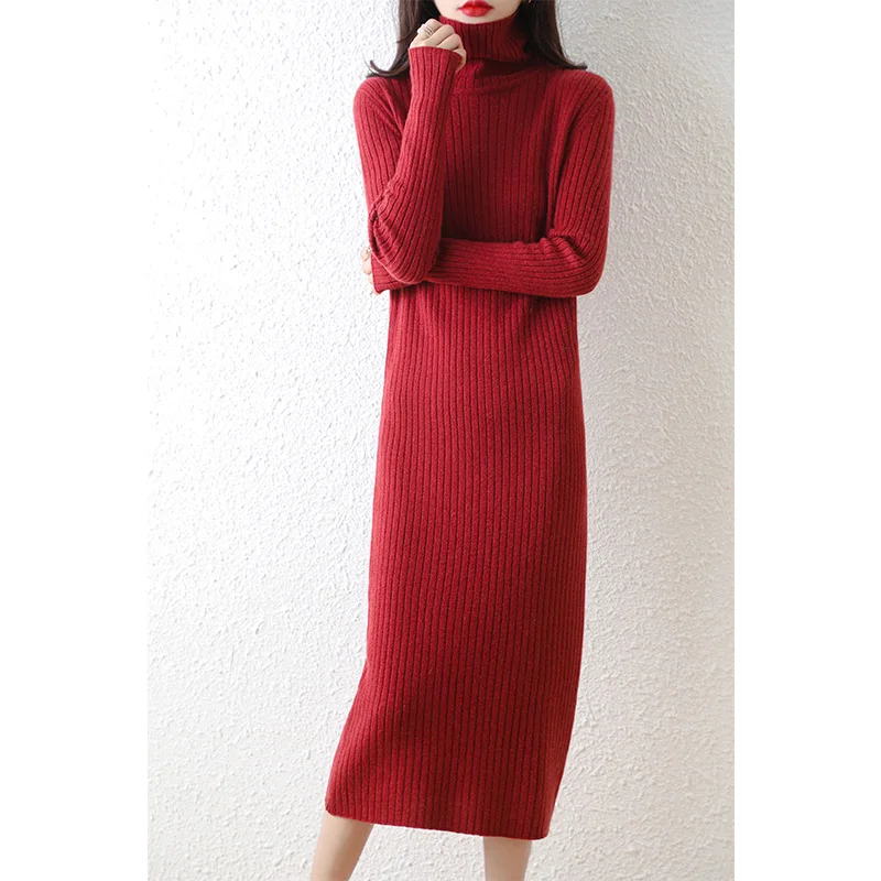 Autumn Winter High Elasticity 100% Wool Thicken Sweater Dress Warm Basic Knit Pullovers Women Slim Dress Female Casual Dresses