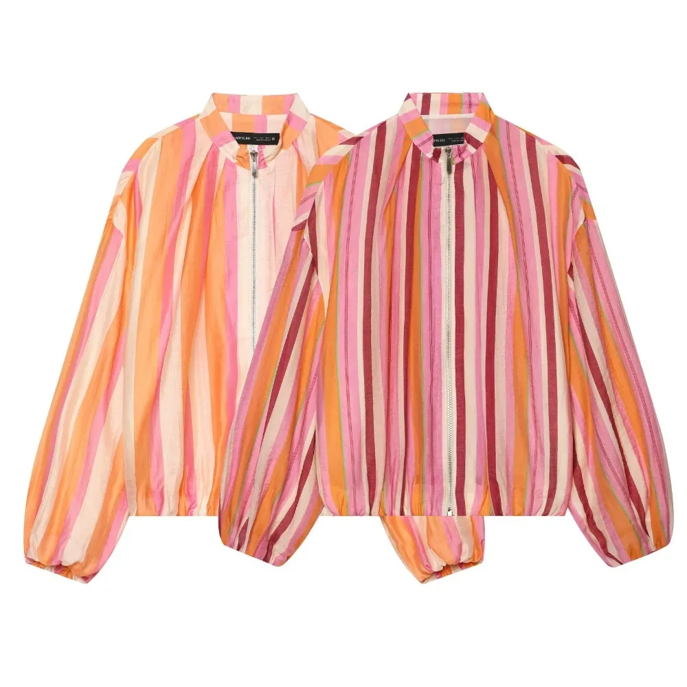 Elegant Fashion Striped Bomber Jackets for Women Multicolored High Collar Long Puffed Sleeve Zippered Jackets with Elastic Trims