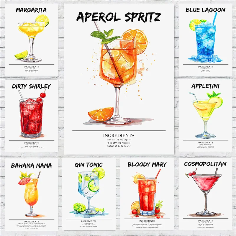 Amaretto Sour Appletini Blue Lagoon Dirty Shirley Bar Cocktail Poster Print Wall Art Pictures Canvas Painting Room Home Decor
