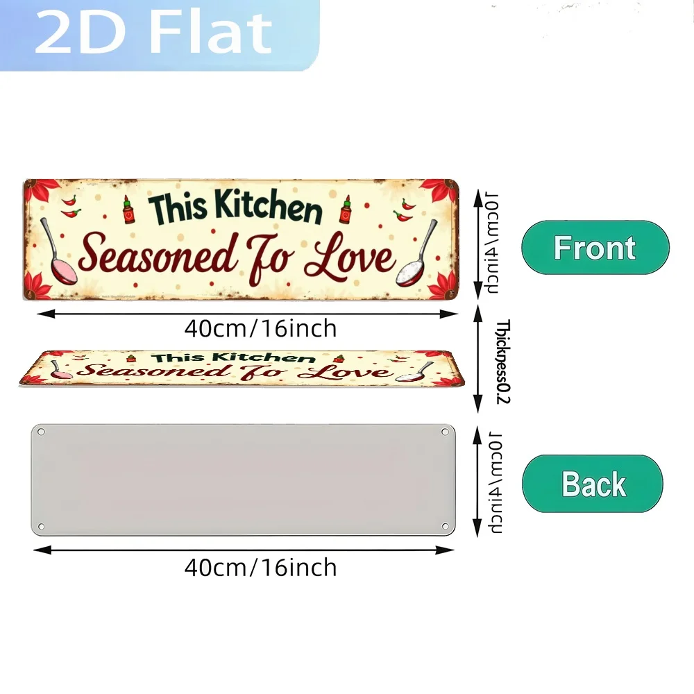 2D Flat, A 2D Aluminum Sign 'Kitchen Seasoned with Love', Perfect for Wall Decoration, in a Vintage Farmhouse Style