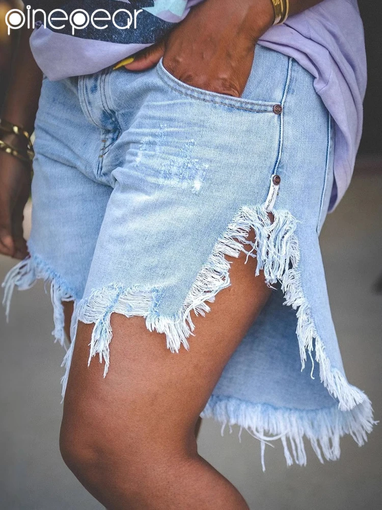 PinePear ジーンズショートパンツレディースハイウエストリップドデニムショートパンツ女性ダメージ加工ジーンズショートパンツ夏 2025